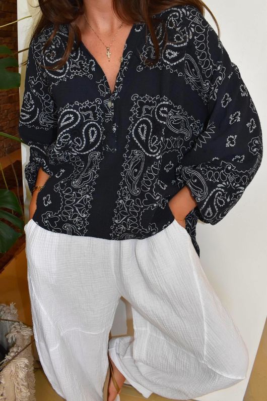 Ole Bubble Cotton Bandana Laurie Blouse Navy